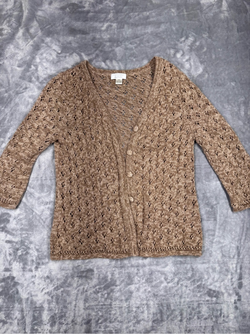 Cable Open-Knit V-Neck Cardigan in Brown with Theee Quarter Sleeve